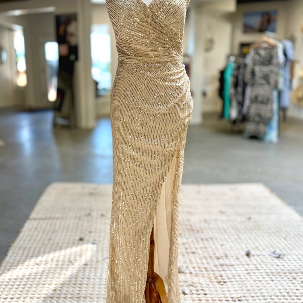 Strapless Gold Sequin Evening Dress
